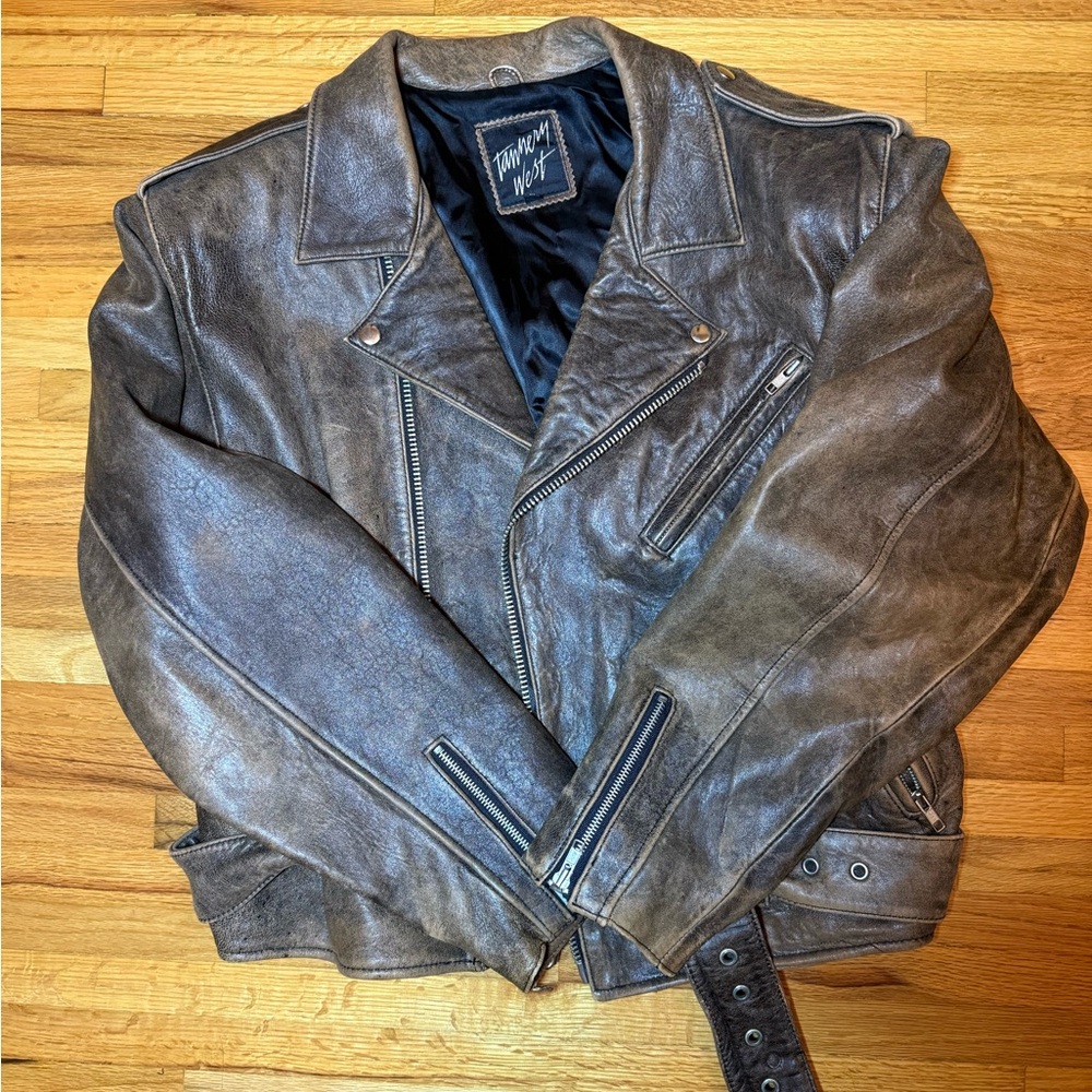 Men's Vintage Leather Biker Jacket - Brown size Medium